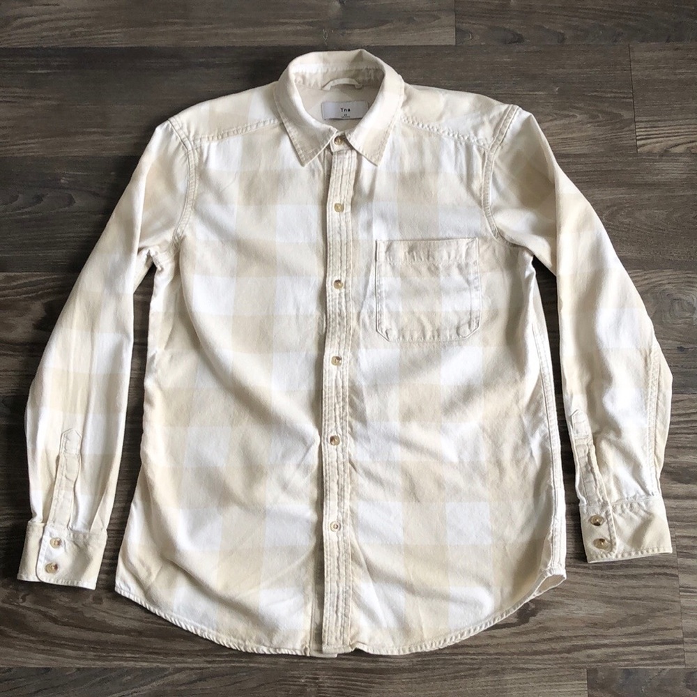 Aritzia TNA Plaid Oversized Cotton Button Front Long Sleeve Shirt Cream